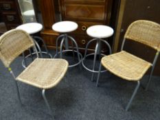 Two tubular metal & rattan chairs together with three adjustable tubular metal circular wooden