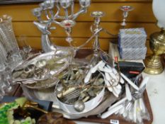 Tray of loose flatware, large EPNS two-handled tray, EPNS baskets & a brass paraffin lamp etc