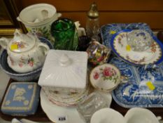 Tray of various china & glassware including Minton Haddon Hall, Coalport cabinet plate etc