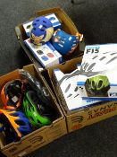 Three boxes of various as new childrens & adults cycle helmets (some Oxford)