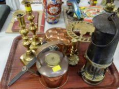 A miners lamp, copper kettle & pan, brass candlesticks etc