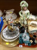 A tray of mixed china & metalware including decorated brass plates, vases, continental figurines
