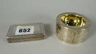 Hallmarked silver goldsmiths company salt cellar together with a hallmarked silver snuff box