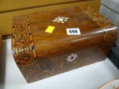 A mahogany & inlaid decorated sewing box & contents