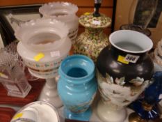 Parcel of decorative painted milk glass, table lamp & brass oil lamp