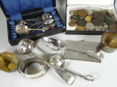 Small parcel of pre-decimal coinage, some silver & some EPNS, collector's spoons, silver mustard