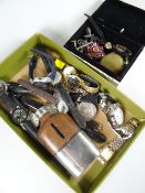 Parcel of gents wristwatches, leather & EPNS hip flask, decorative box containing costume jewellery