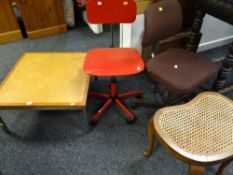 Parcel of furniture including small metal leg square coffee table, two desk chairs, wicker stool,