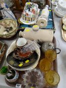 Tray of mixed glassware & china including stoneware water bottle, green decorated glass vase,