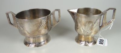 A WMF sugar bowl & milk jug, secessionist decoration mentioned in the WMF catalogue for 1906