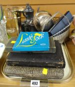 Tray of cased EPNS flatware, pewter coffee pot etc