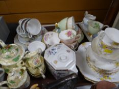 A tray of various patterned teaware including Royal Stafford & others