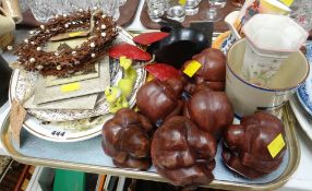 A tray including carved wooden novelty items, Torquayware tankard etc