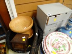 Small wooden six-drawer table chest, a shillelagh, wooden musical box & bowls