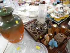 Wooden tray, bookends, small brass book stand, weighing scales, table lamp etc