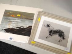 SIR KYFFIN WILLIAMS RA framed print of a sheep dog together with another framed print of a coastal