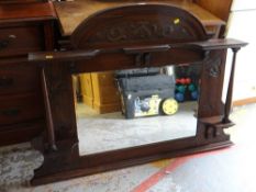 Vintage mahogany overmantel mirror with carved decoration to the top