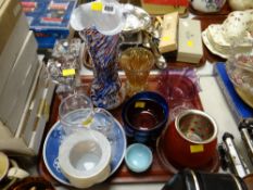 Tray of various coloured glassware, glass candlesticks, handkerchief vase, paperweight etc
