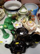 Mixed vintage china including a green glazed dressing table set, planters, lustre tea ware etc