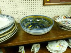 Ironstone pedestal bowl, a Scottish 'Carron' studio pottery bowl and a parcel of Staffs platters