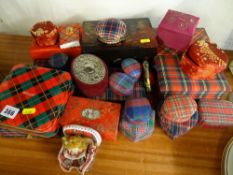 Collection of tartan ware covered boxes and others etc