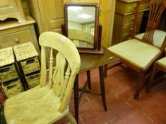 Pine kitchen chair, square top occasional table on bobbin supports and a dressing mirror
