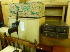 Interesting three door tabletop chest, metallic sculpture of an elephant and a fabric covered