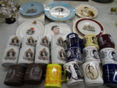 Collection of commemorative mugs and plates