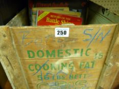 Old wooden box for domestic cooking fat and a quantity of ephemera, treen etc