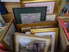 Box of framed embroideries and samplers etc