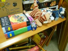 Two Harry Potter hardback books, parcel of soft toys, Barbie doll, paperweight etc