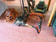 Black & Decker electric hover mower, pair of garden loppers, other garden tools, extension leads E/