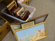 Plastic crate of framed pictures and prints, blank autograph books and photographic folders etc
