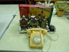 Dial-Up telephone, light up Christmas village and a boxed similar