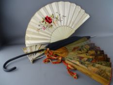 Three vintage face fans including a bone example with woven silkwork decoration along with a vintage