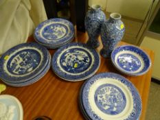 Pair of Wood & Sons 'Chung' vases and a quantity of blue and white Willow pattern dinnerware