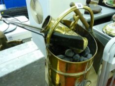 Parcel of metalware including brass coal scuttle, irons etc