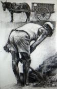KEITH BOWEN charcoal - Amish man tilling the land with horse & cart in the background, signed &