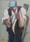 WILL ROBERTS oil on canvas - farmer sharpening his scythe, signed with initials, 39 x 29cms