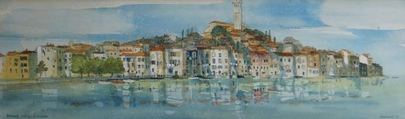 RAY EVANS watercolour - a continental & historic harbour town, entitled verso 'Rovinj Yugoslavia',