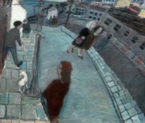 ERNEST ZOBOLE oil on canvas - South Wales valleys street scene with figures & dog, entitled verso '