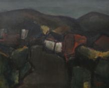 WILL ROBERTS oil on canvas - upland farm entitled verso 'Red Barn', signed with initials & signed