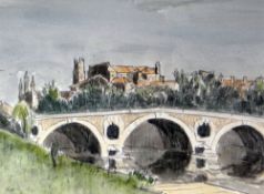 SIR KYFFIN WILLIAMS RA watercolour & pencil - historic French bridge & town, entitled verso '