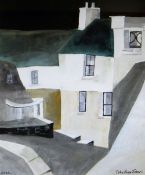 JOHN KNAPP FISHER mixed media - whitewashed houses under a night sky, entitled verso 'Buildings,