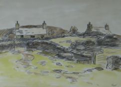 SIR KYFFIN WILLIAMS RA watercolour and pencil - two upland Snowdonia cottages behind dry-stone