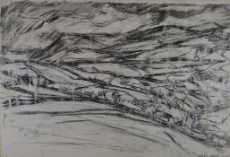 PETER PRENDERGAST pencil drawing - mountainous landscape with buildings and farmland, signed and