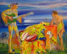 RICHARD O'CONNELL acrylic on canvas - surreal illustration with harlequin figures with Egyptian