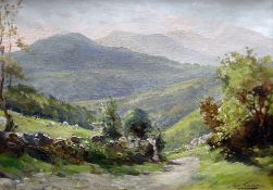 ROBERT FOWLER (1853-1926) oil on canvas - Snowdonia landscape with sheep, entitled verso 'Towards
