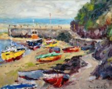 DAVID GRIFFITHS oil on board - bright colourful boat scene, entitled verso 'Boats at Abersoch',