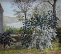 FELICITY CHARLTON oil on board - seaside gardens entitled verso 'Garden by the Sea', with artist's